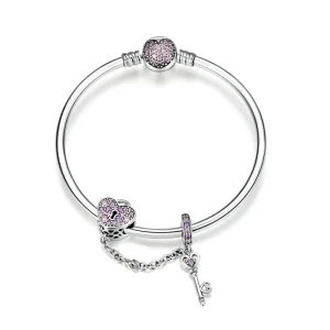 Pandora Style Silver Pink Key and Pave Heart Lock Bangle - SCB820 (image for) Pandora Style Silver Pink Key and Pave Heart Lock Bangle - SCB820