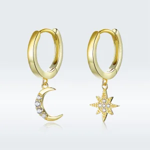 Pandora Style 18ct Gold Plated Moon & Star Dangle Earrings - SCE785 (image for) Pandora Style 18ct Gold Plated Moon & Star Dangle Earrings - SCE785