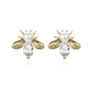 Pandora Style Rose Gold Bee Form with Pearl Stud Earrings - SCE643 (image for) Pandora Style Rose Gold Bee Form with Pearl Stud Earrings - SCE643