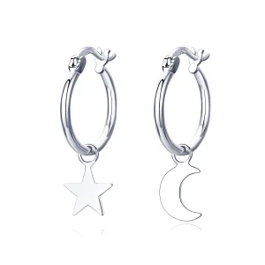 Pandora Style Silver Star and Moon Asymmetry Hanging Earrings - SCE681 (image for) Pandora Style Silver Star and Moon Asymmetry Hanging Earrings - SCE681