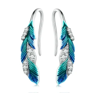 Pandora Style Dazzling Blue Feather Hanging Earrings - BSE707 (image for) Pandora Style Dazzling Blue Feather Hanging Earrings - BSE707