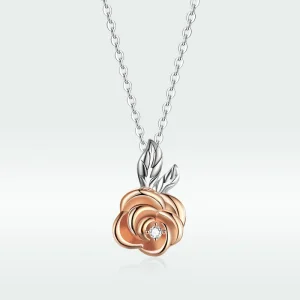 Pandora Style Two Tone Bicolor Rose Pendant Necklace - BSN155 (image for) Pandora Style Two Tone Bicolor Rose Pendant Necklace - BSN155