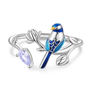 Pandora Style Bird and Flower Open Ring - BSR288 (image for) Pandora Style Bird and Flower Open Ring - BSR288