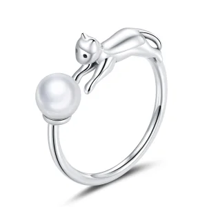Pandora Style Silver Cat Plays Ball Open Ring - SCR683 (image for) Pandora Style Silver Cat Plays Ball Open Ring - SCR683