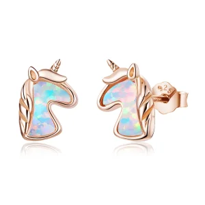 Pandora Style Ocean Blue Opal Unicorn Stud Earrings - SCE815-C (image for) Pandora Style Ocean Blue Opal Unicorn Stud Earrings - SCE815-C