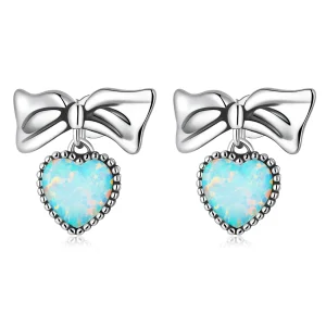 Pandora Style Opal Heart Bow Stud Earrings - SCE1374 (image for) Pandora Style Opal Heart Bow Stud Earrings - SCE1374