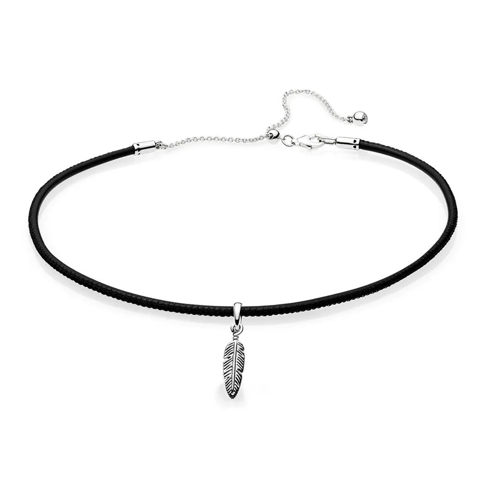 PANDORA Black Leather Choker Necklace & Feather Pendant, Clear CZ - 397197CBK