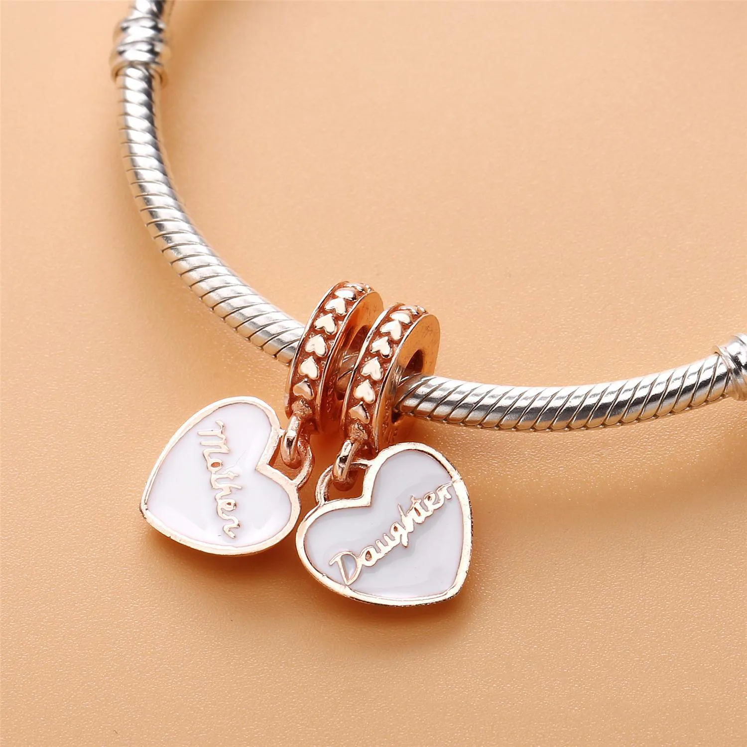 Mother & Daughter Hearts Dangle Charm, PANDORA Rose™, Silver Enamel & Clear CZ - 782072EN23