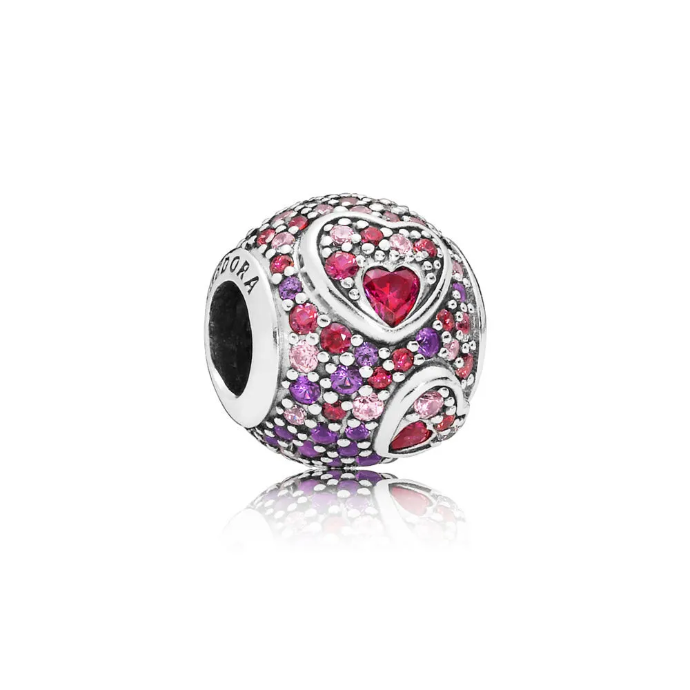 PANDORA Asymmetric Hearts of Love Charm, Red & Pink CZ, Royal Purple Crystals - 797826CZRMX