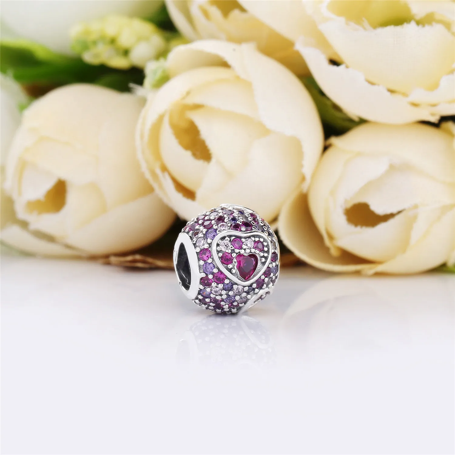 PANDORA Asymmetric Hearts of Love Charm, Red & Pink CZ, Royal Purple Crystals - 797826CZRMX