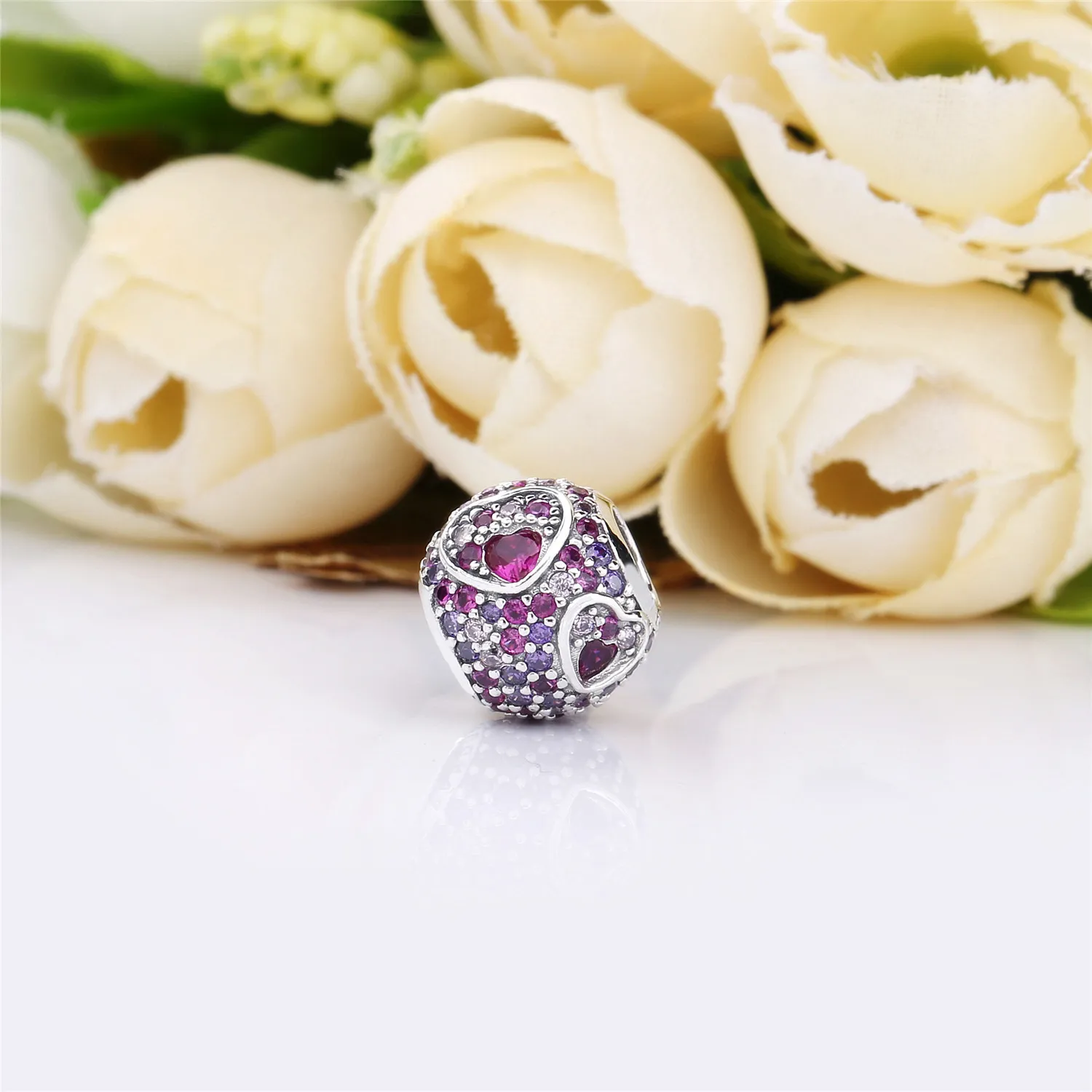 PANDORA Asymmetric Hearts of Love Charm, Red & Pink CZ, Royal Purple Crystals - 797826CZRMX