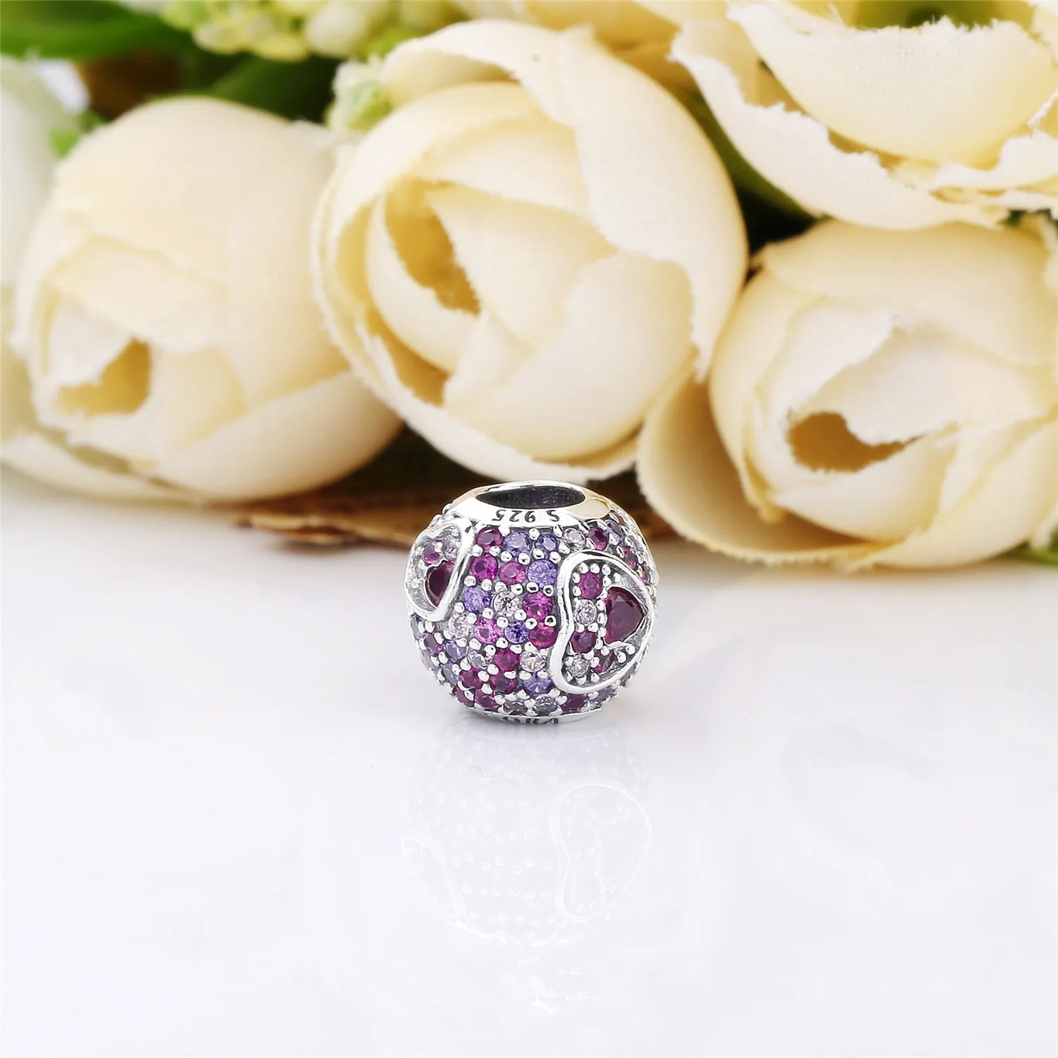 PANDORA Asymmetric Hearts of Love Charm, Red & Pink CZ, Royal Purple Crystals - 797826CZRMX