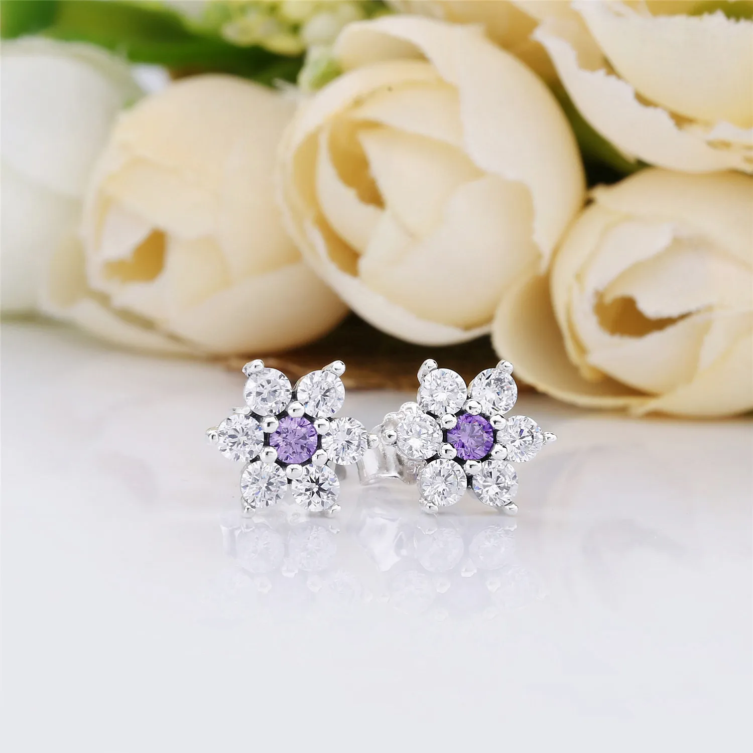 PANDORA Forget Me Not Stud Earrings, Purple & Clear CZ - 290690ACZ