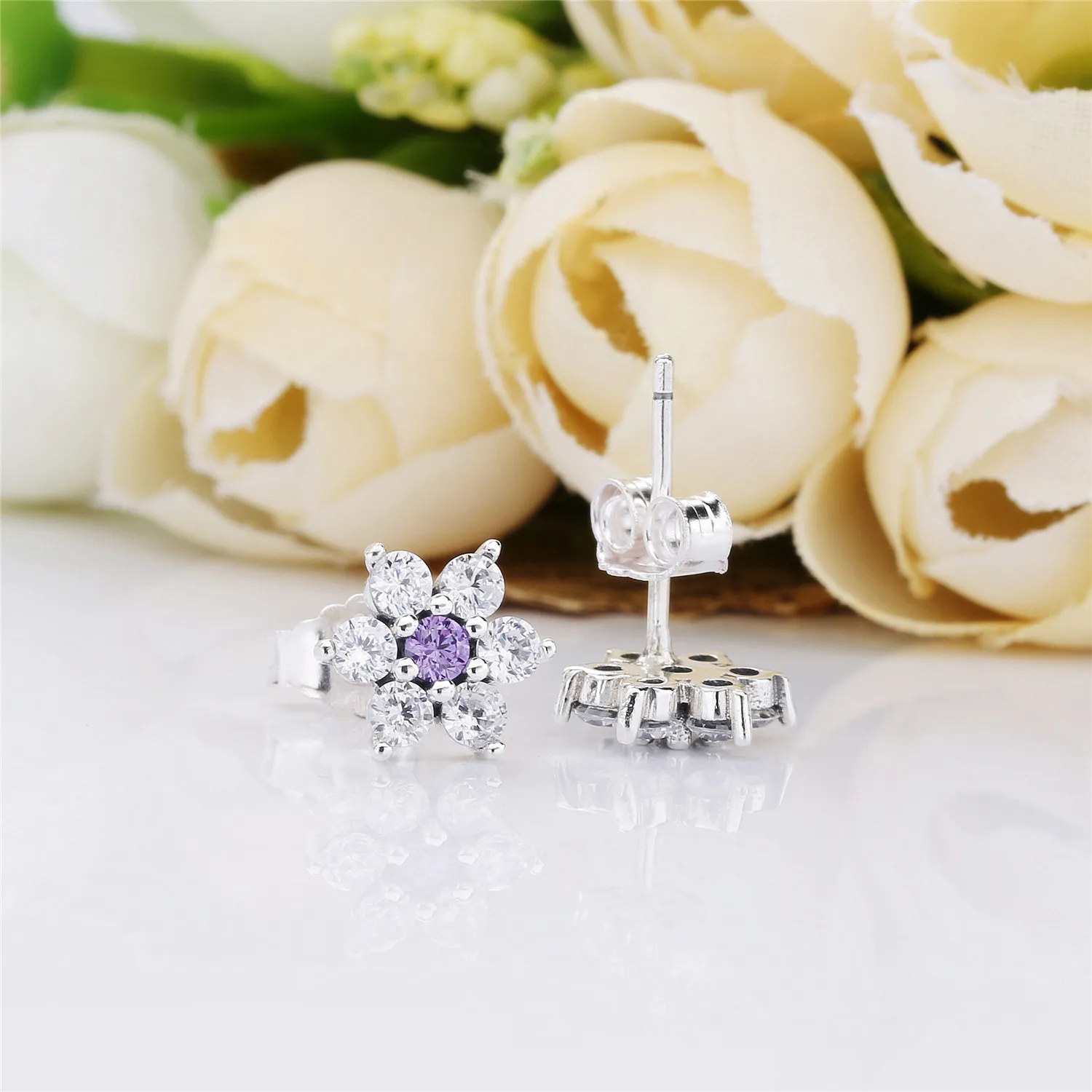 PANDORA Forget Me Not Stud Earrings, Purple & Clear CZ - 290690ACZ