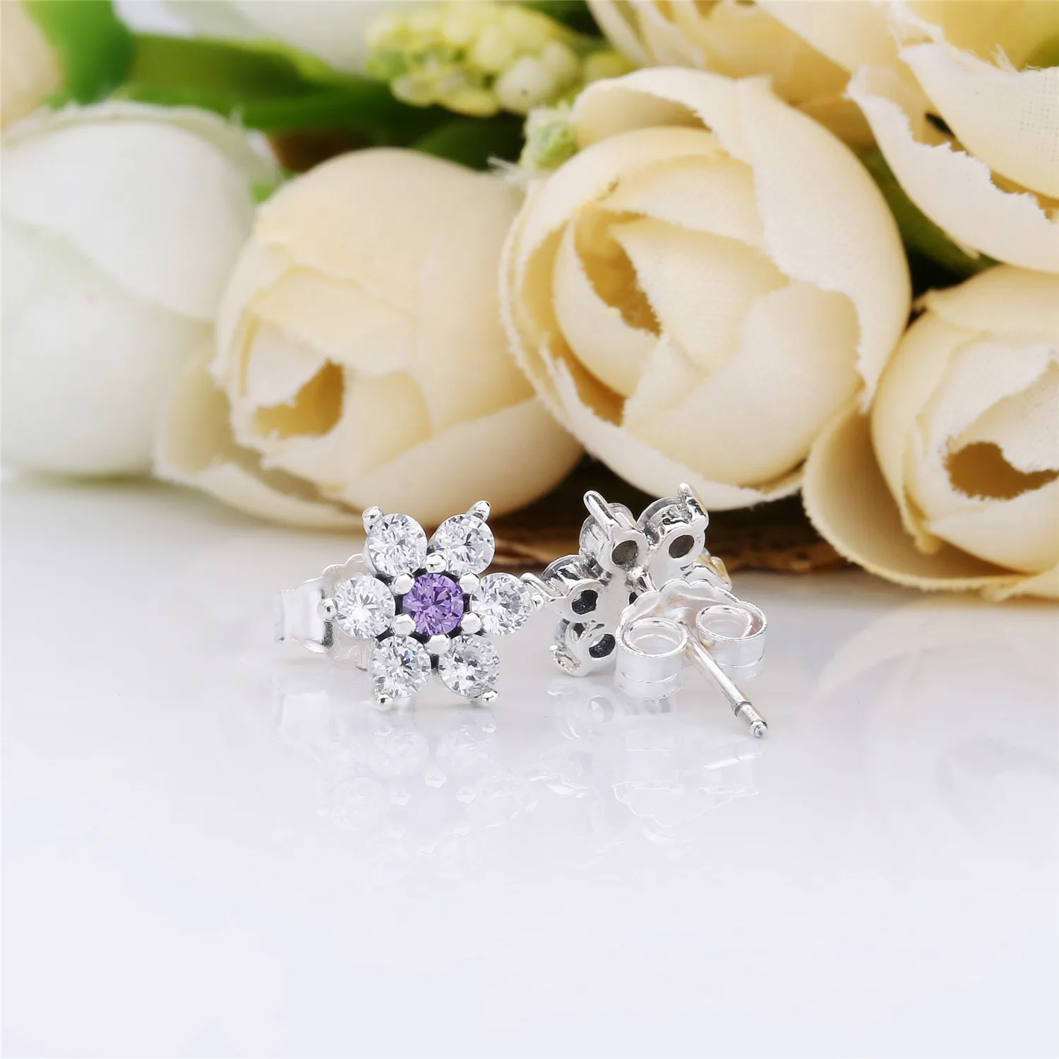 PANDORA Forget Me Not Stud Earrings, Purple & Clear CZ - 290690ACZ