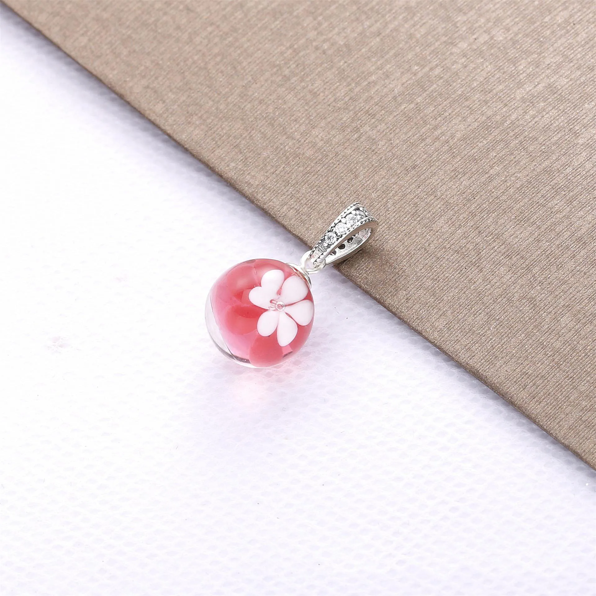 PANDORA Pink Peach Blossom Flower Murano Glass Dangle Charm - 798082CZ