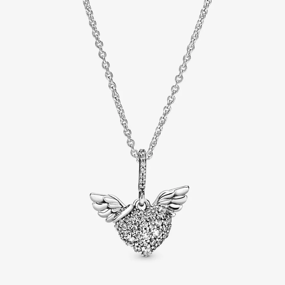 pandora pavé heart and angel wings necklace 398505c0145