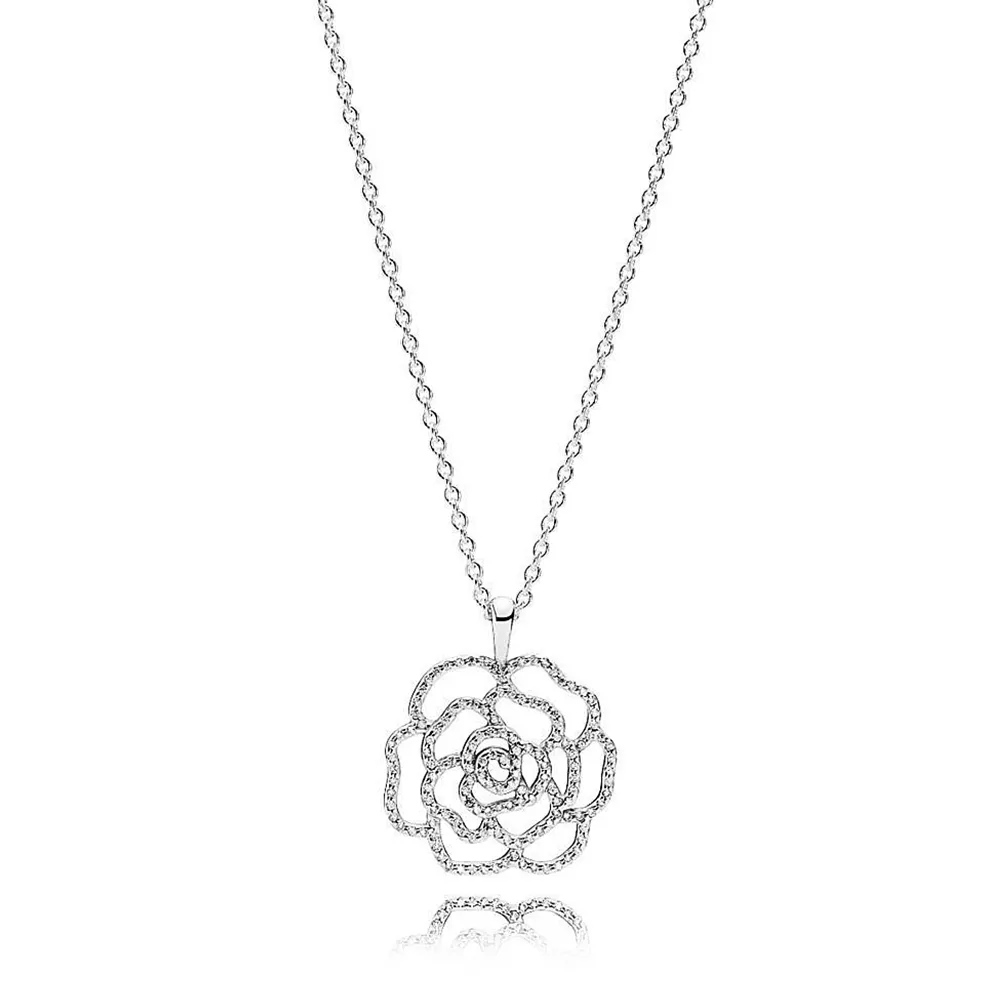 PANDORA Shimmering Rose Pendant Necklace - Clear CZ