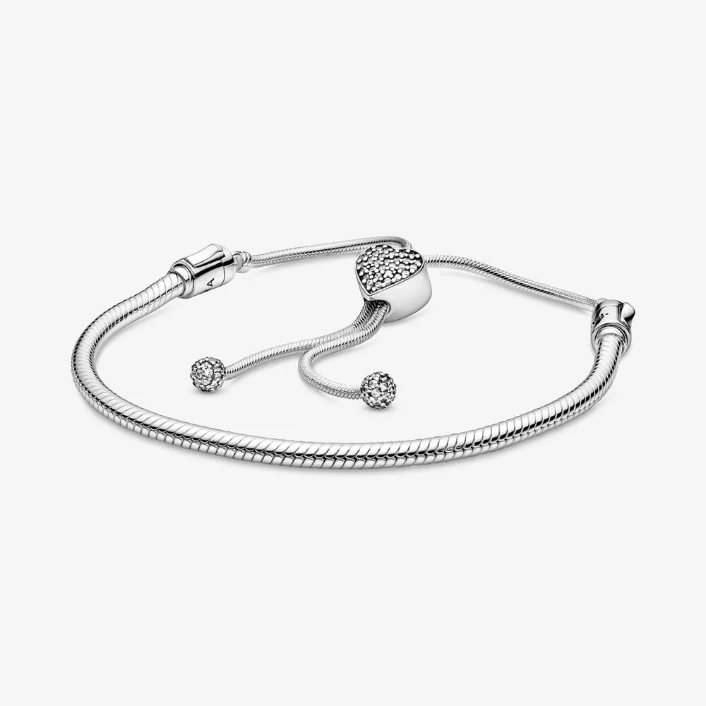 Pandora Moments Pavé Heart Clasp Snake Chain Slider Bracelet - 598699C01