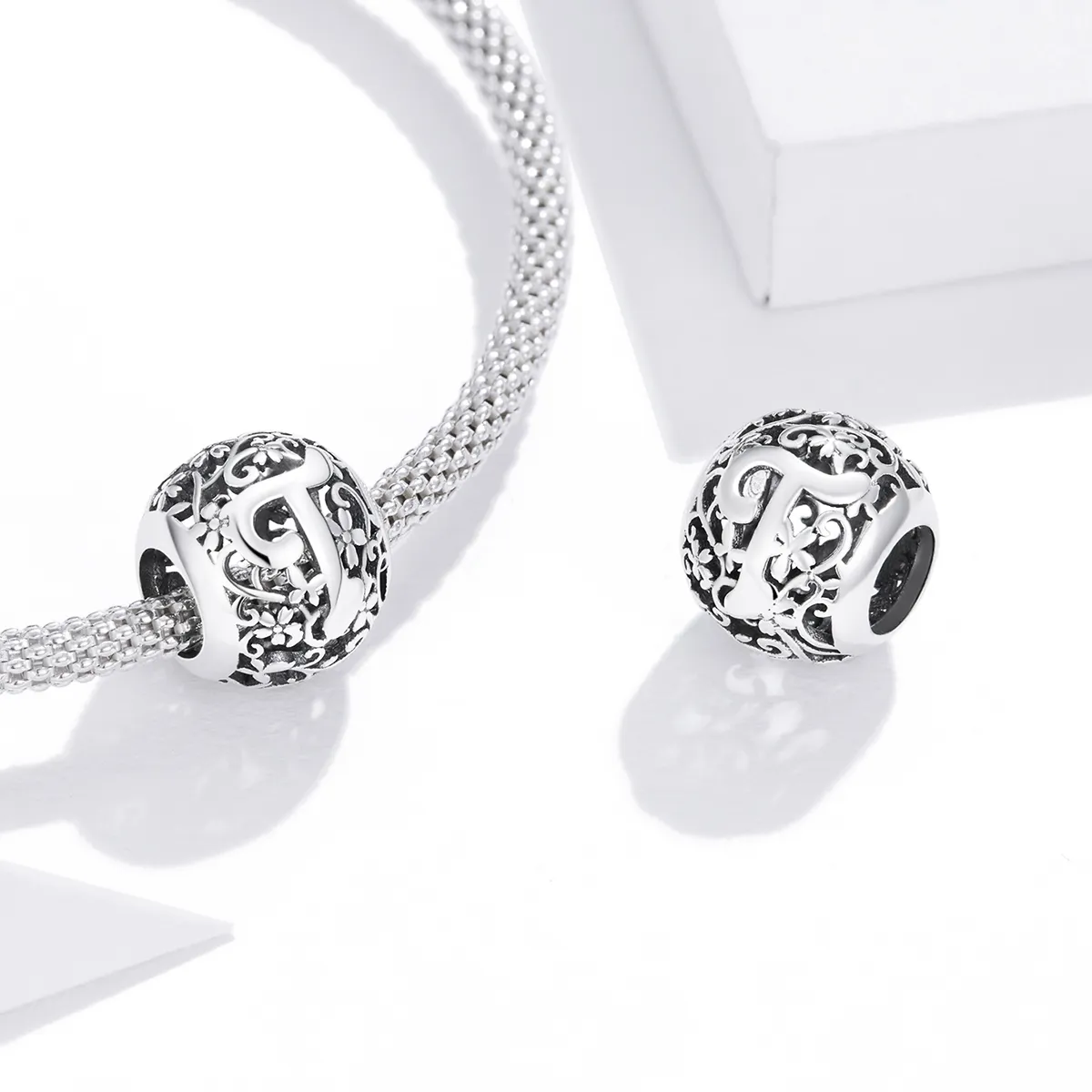 Pandora Style Openwork Flower Letter T Charm - SCC1444-T