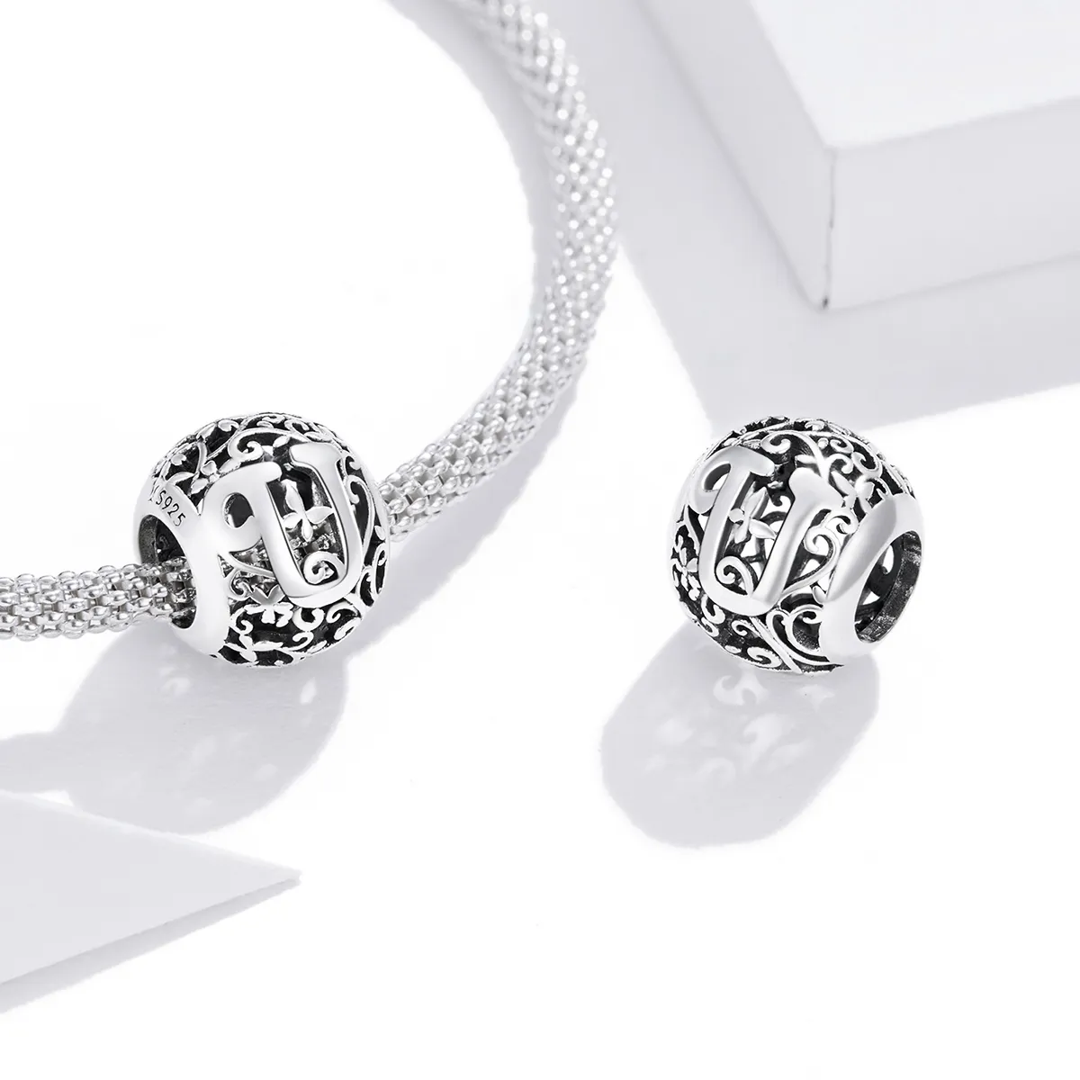 Pandora Style Openwork Flower Letter U Charm - SCC1444-U