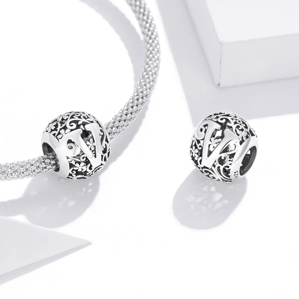 Pandora Style Openwork Flower Letter V Charm - SCC1444-V