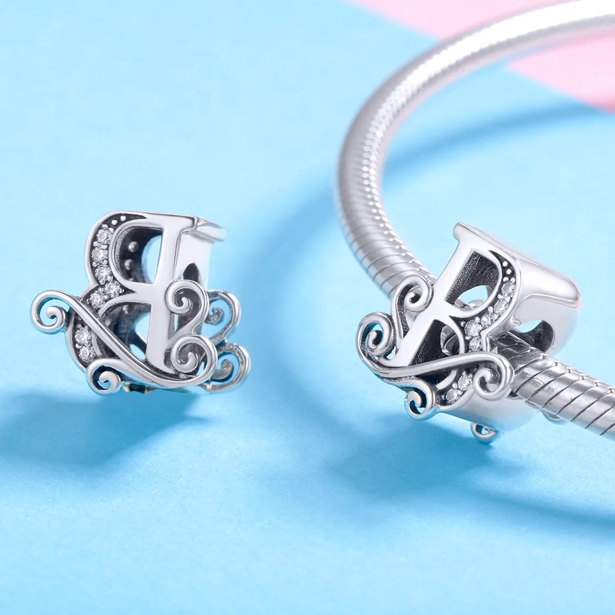 Pandora Style Sparkling Pavé Flower Letter B Charm - BSC030-B