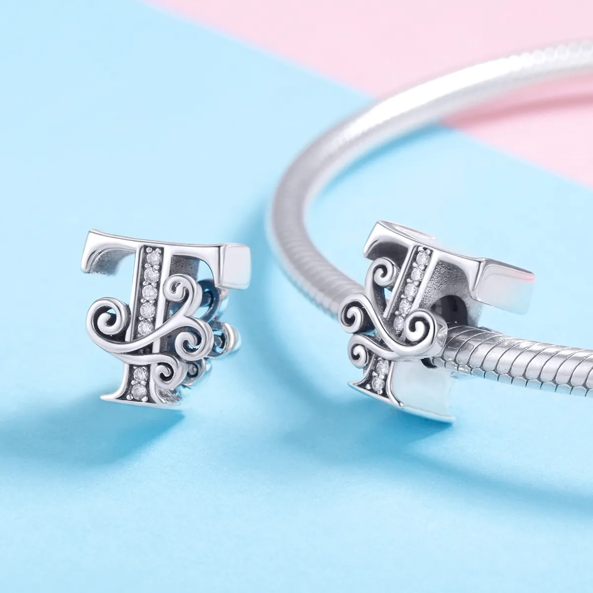 Pandora Style Sparkling Pavé Flower Letter T Charm - BSC030-T