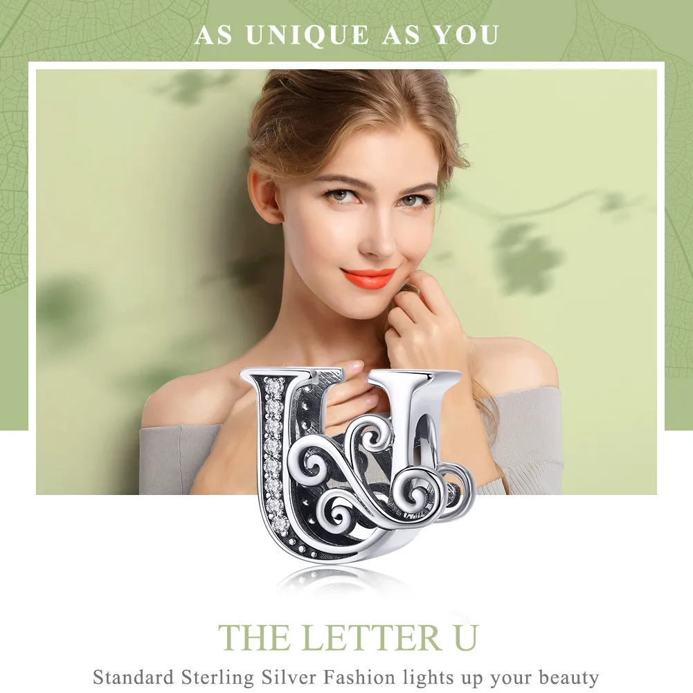 Pandora Style Sparkling Pavé Flower Letter U Charm - BSC030-U