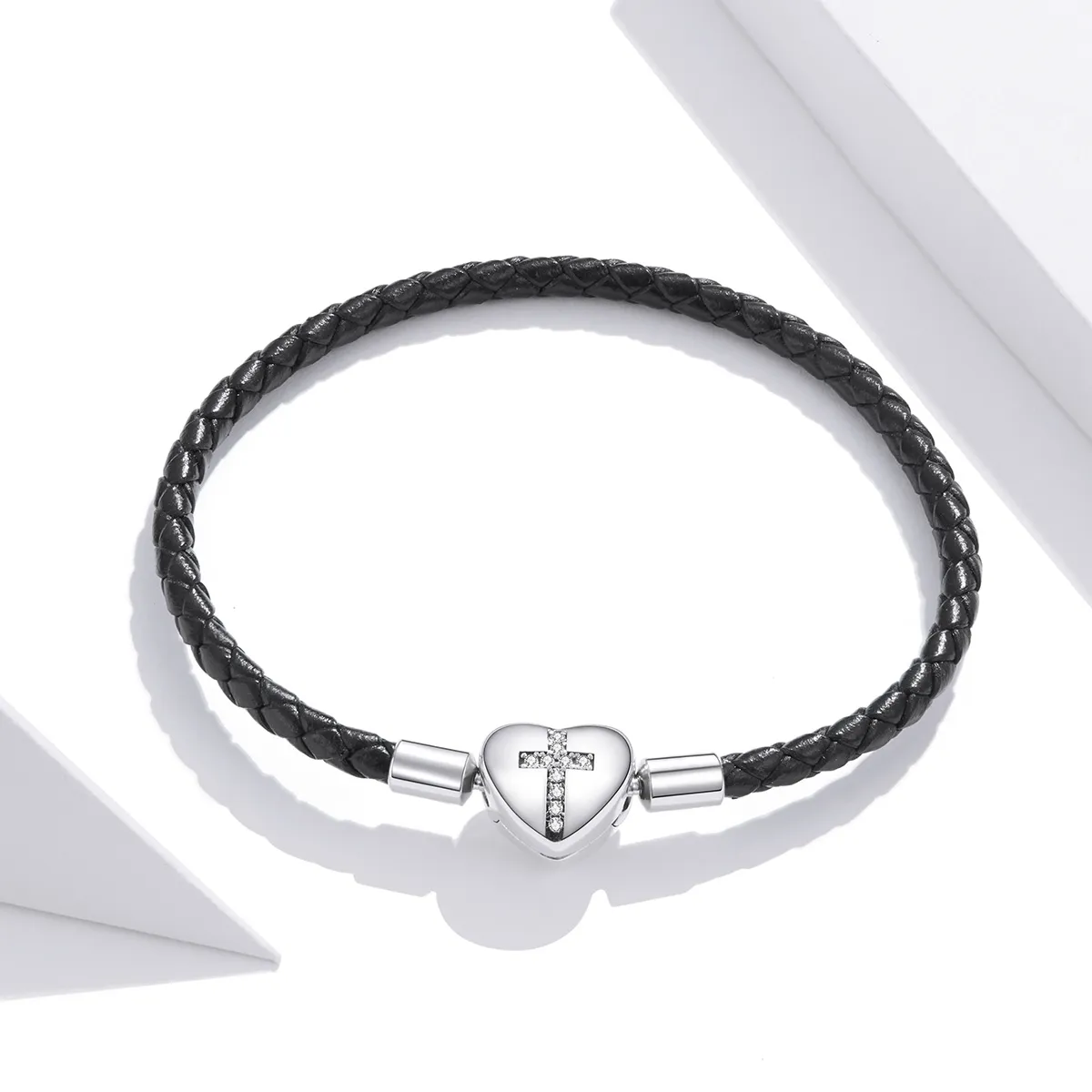 Pandora Style Silver Christening Cross Leather bracelet - SCB205