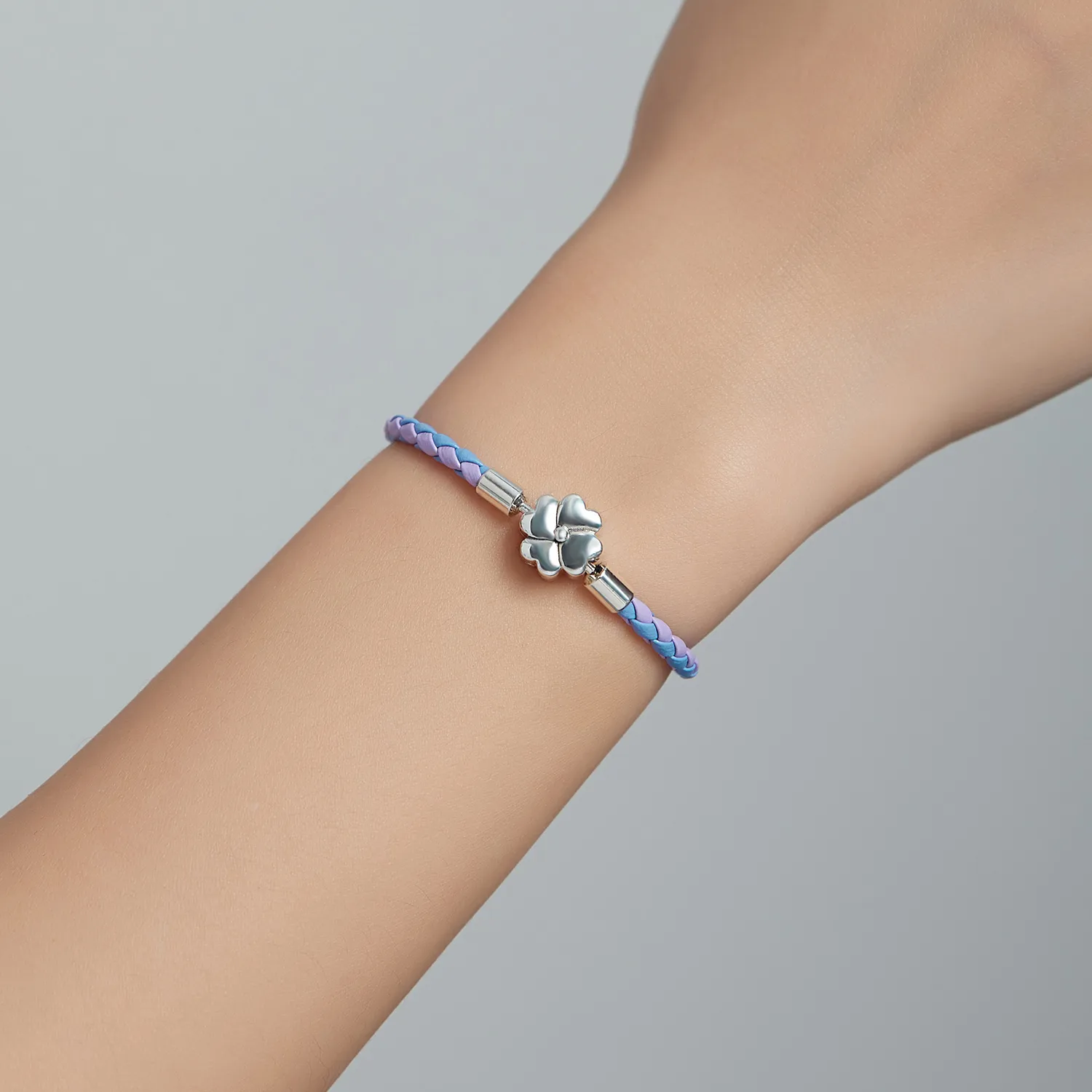 Pandora Style Silver Lucky Clover Leather bracelet - SCB214