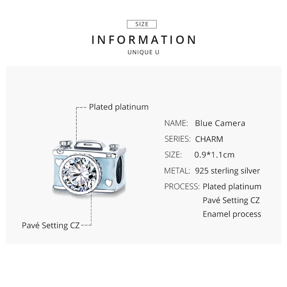 Pandora Style Silver Blue Camera Charm - BSC264