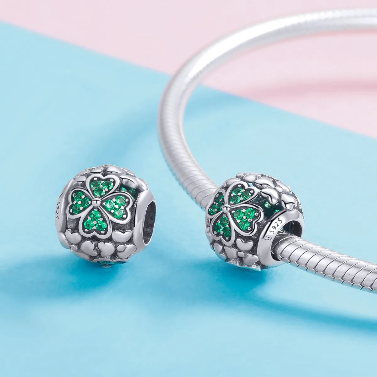 Pandora Style Silver Green Clover Charm - SCC964