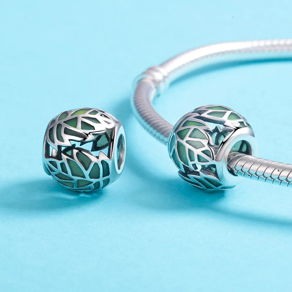 Pandora Style Silver Green Leaves Are In Love Charm - SCC524