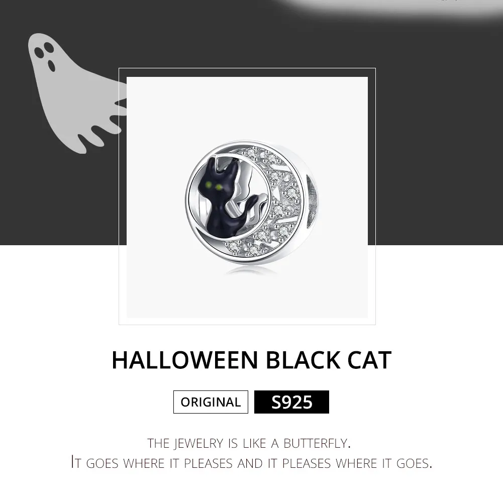 Pandora Style Silver Halloween Black Cat Charm - BSC325