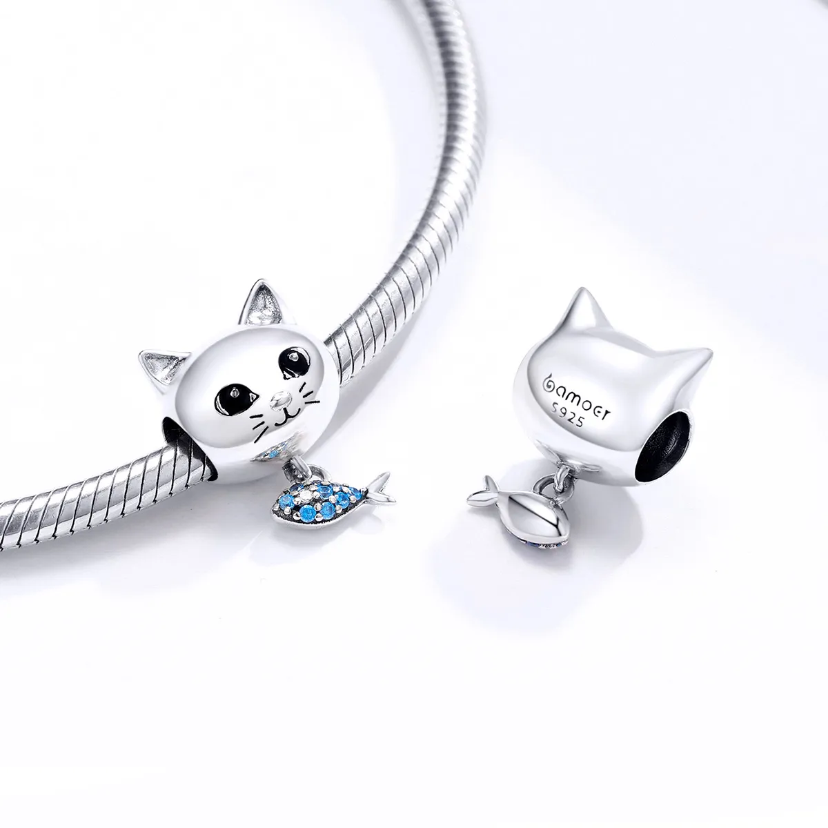 Pandora Style Silver Kitty Love Fish Charm - BSC226