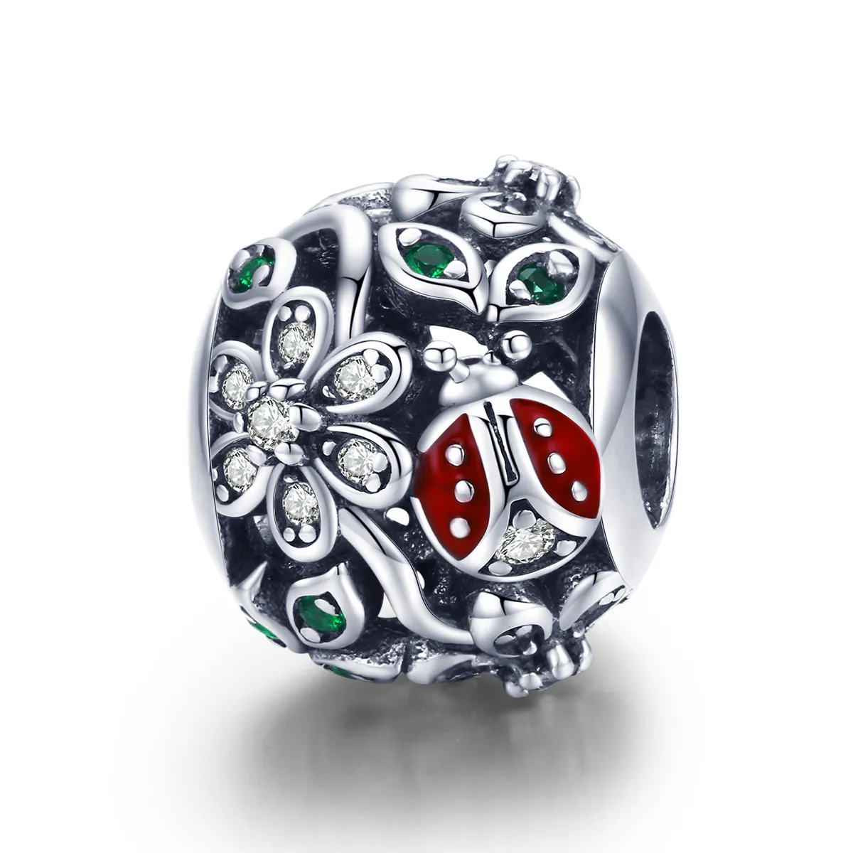 Pandora Style Silver Ladybugs And Flowers Charm - SCC926