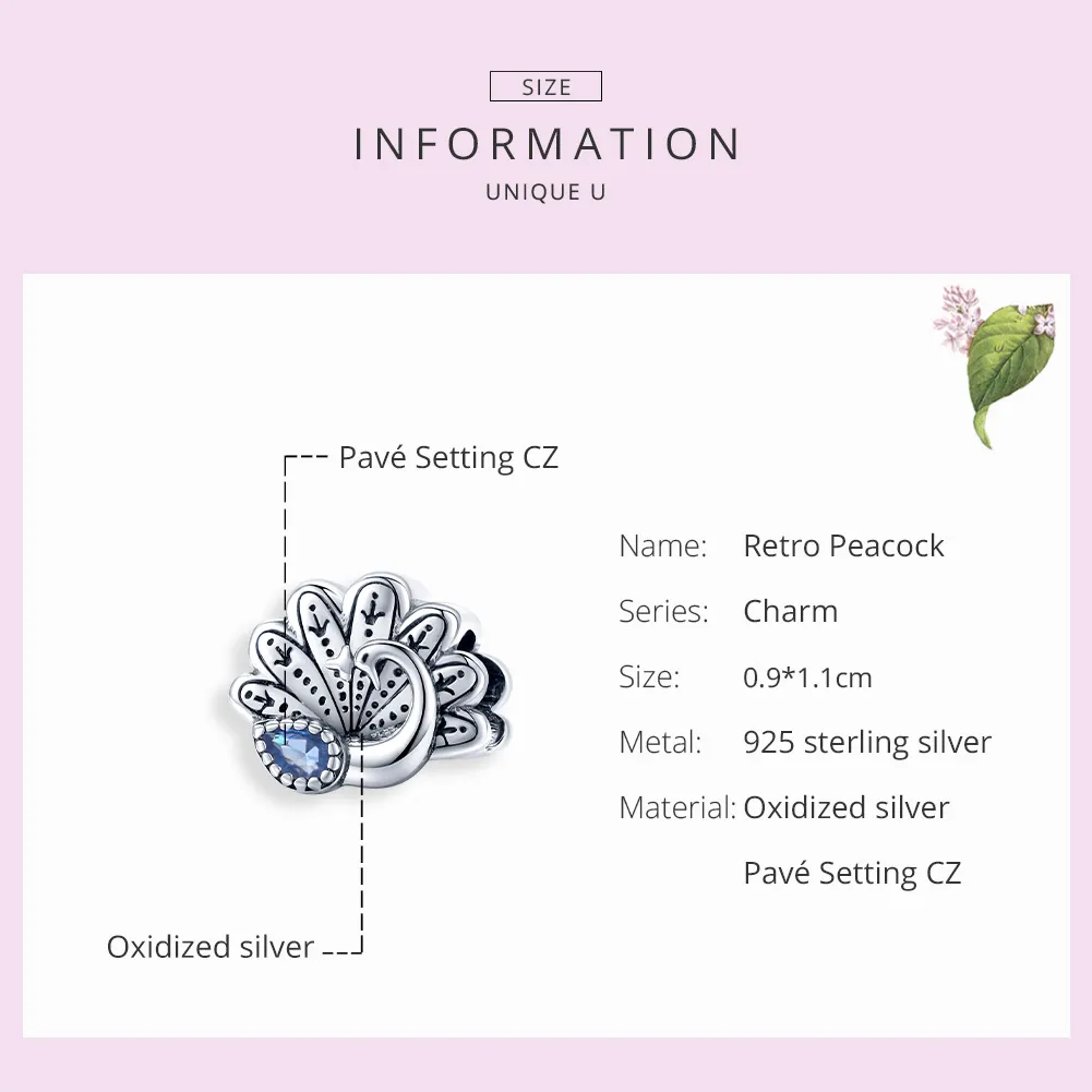 Pandora Style Silver Retro Peacock Charm - SCC1558