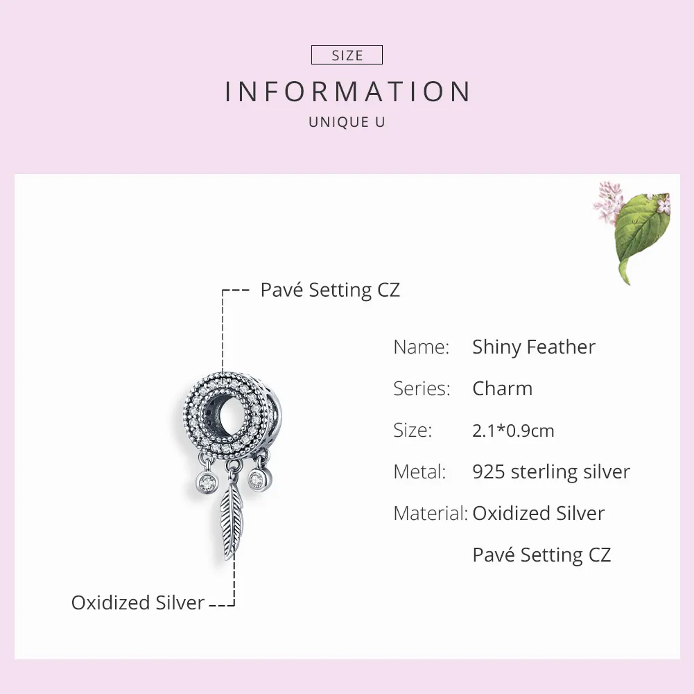 Pandora Style Silver Shiny Feather Charm - SCC1550