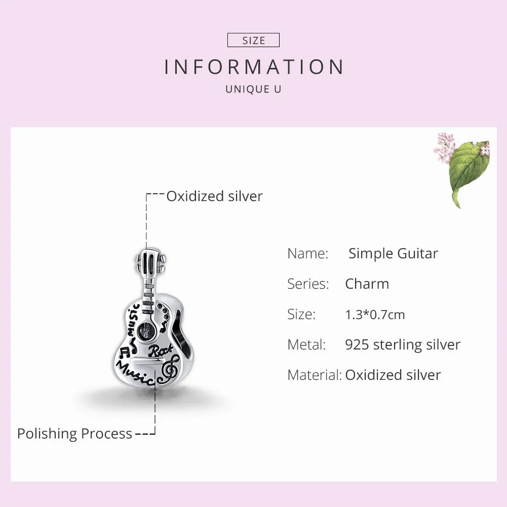 Pandora Style Silver Simple Guitar Charm - SCC1708