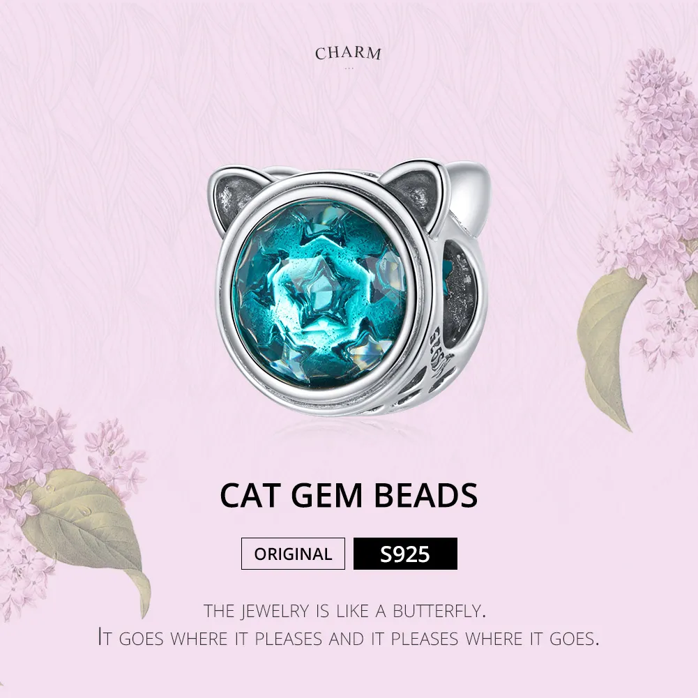 Pandora Style Silver Teal Cat Charm - SCC1800