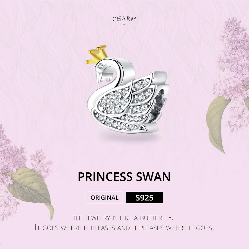 Pandora Style Two Tone Bicolor Princess Swan Charm - SCC1343