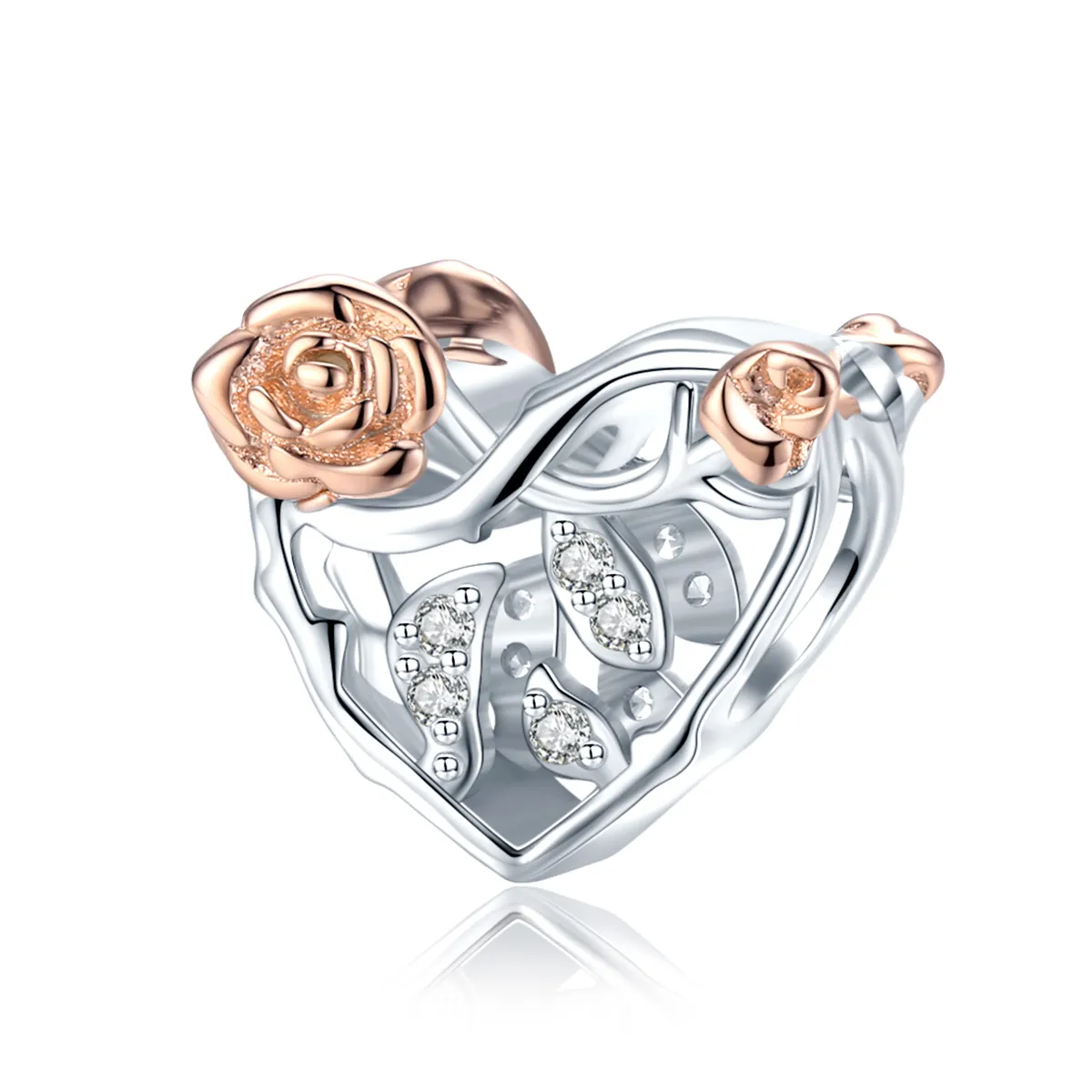 pandora style two tone heart with roses charm bsc280