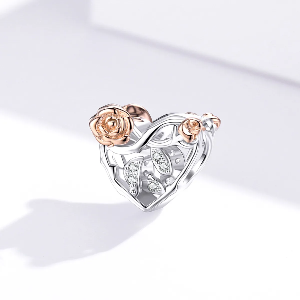 Pandora Style Two Tone Heart With Roses Charm - BSC280