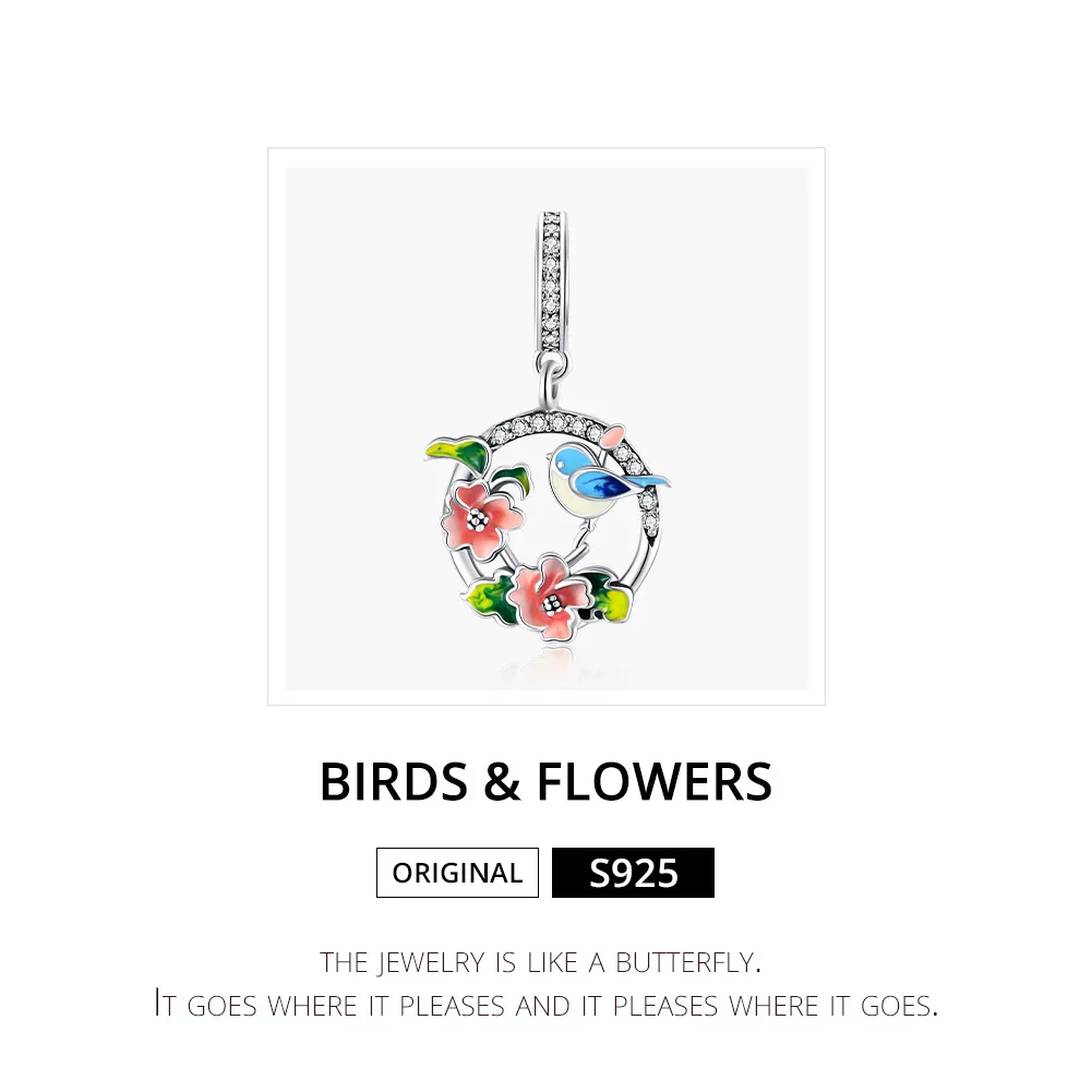 Pandora Style Silver Birds & Flowers Dangle - SCC1726