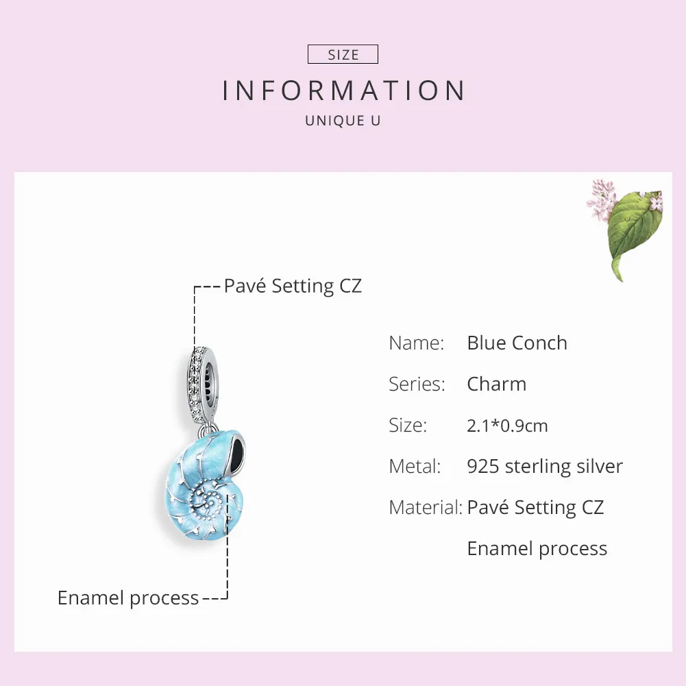 Pandora Style Silver Blue Conch Dangle - SCC1560