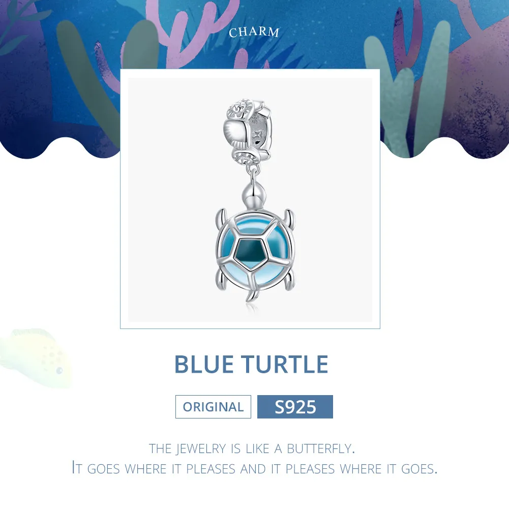 Pandora Style Silver Blue Murano Glass Turtle Dangle - SCC1804