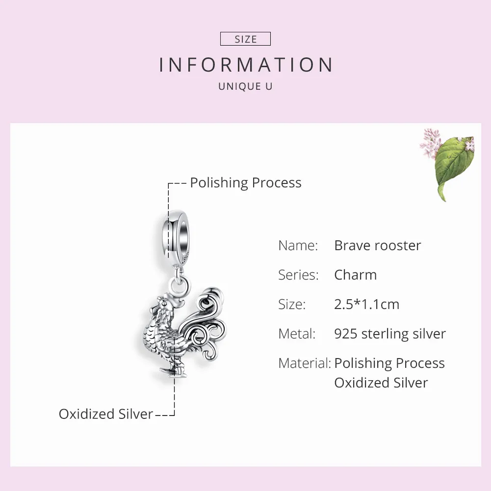 Pandora Style Silver Brave Rooster Dangle - SCC1337