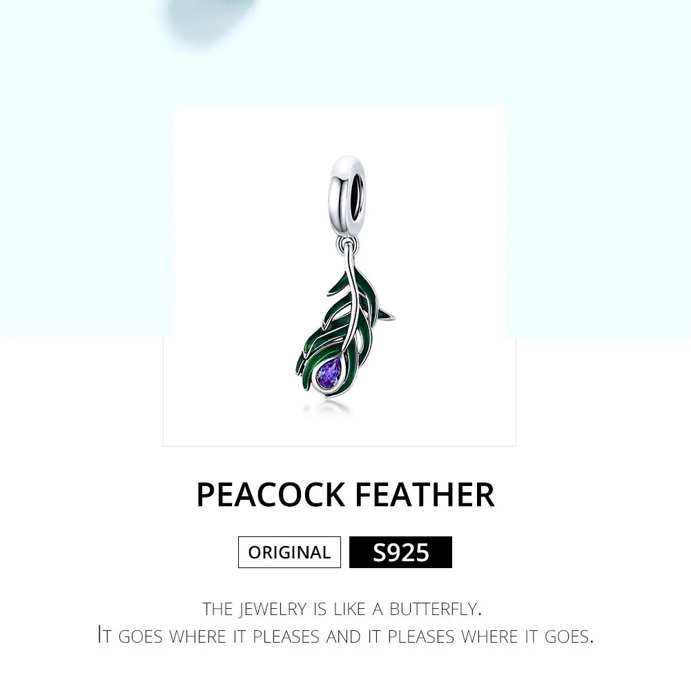 Pandora Style Silver Peacok Feather Dangle - SCC1704