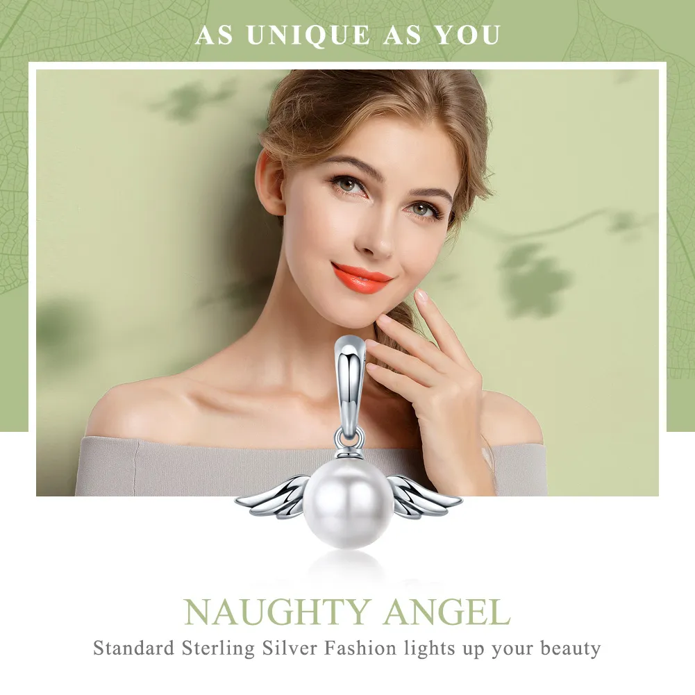 Pandora Style Silver Pearl Angel Wings Dangle - SCC381